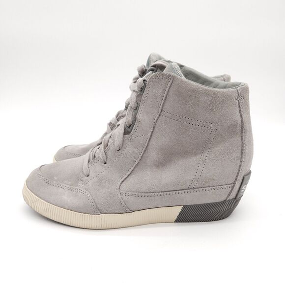 Sorel Out N About (Womens 9.5) Lace Up Hidden Wedge Sneaker Boot Shoe Gray Suede - Picture 2 of 9